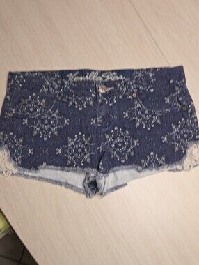Vanilla Star Navy Bandana Printed Denim Shorts W/ Lace Detail